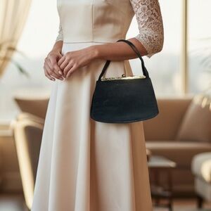 Vintage Black Satin Evening Bag Gold Frame Clutch Prom Wedding Formal Two Straps